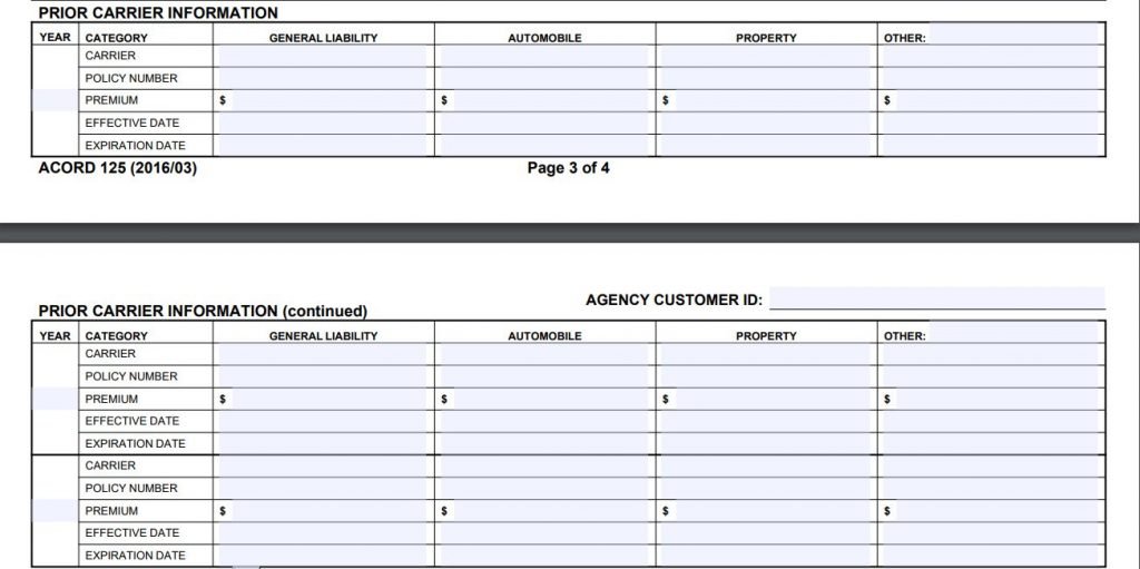 Acord 125 Prior Carrier Information