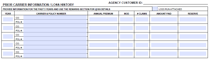 Acord 130 Prior Carrier and Loss History